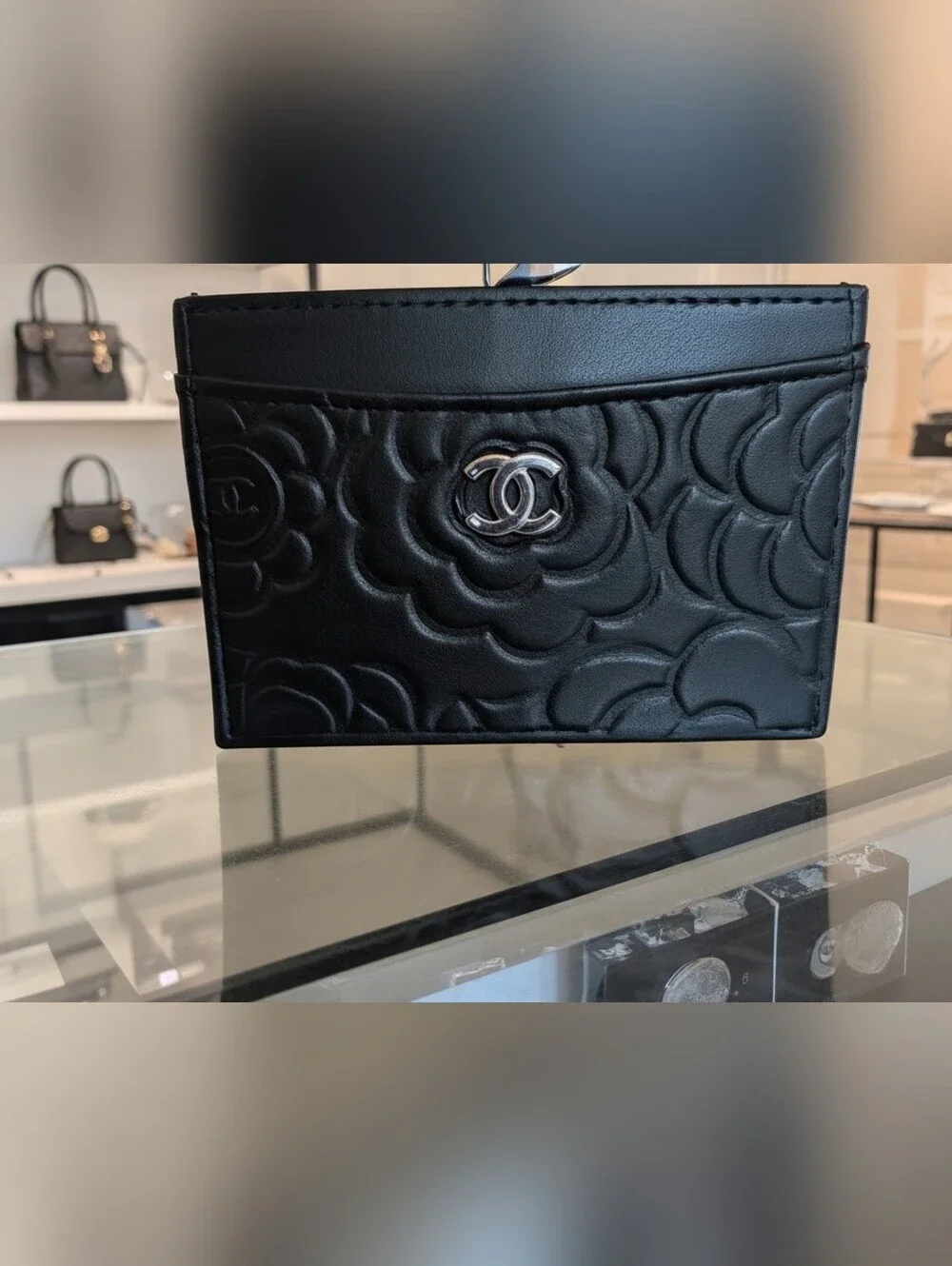 CHANEL Black Camellia Quilted Card Case